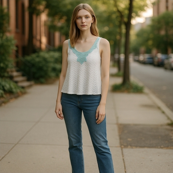 Lush ✦ Chevron Pattern Tank Top ✦ White Teal Lace Applique Neckline Size L EUC - Picture 14 of 15